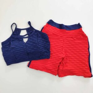 Conj Short Brocado Vermelho e Azul Escuro