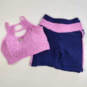 Conj Short Brocado Rosa e Azul Escuro